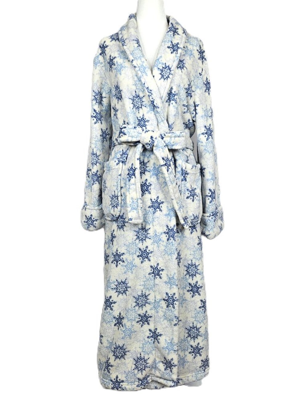 Nautica Plush Fleece Robe | Snowflake Winter Bathrobe | Blue White | S/M